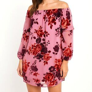 Peach Love California Pink Velvet Floral Print Long Sleeve Dress Womens L NWT